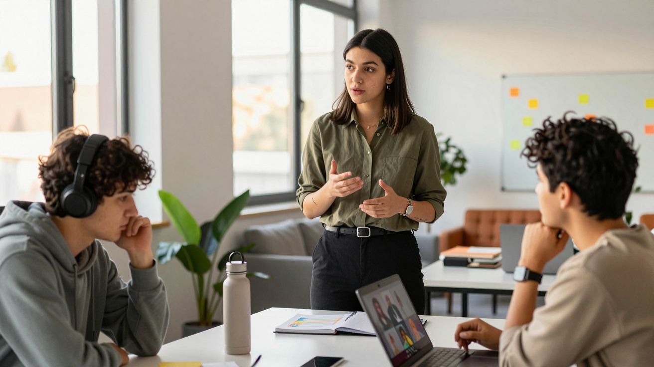Jovem mulher apresenta projeto a dois colegas numa sala de reuniões moderna e iluminada.