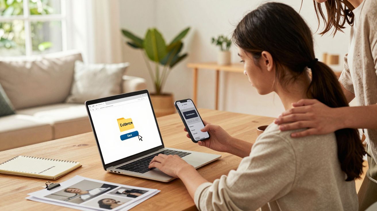 Mulher sentada no computador com telemóvel na mão, outra pessoa apoia-lhe o ombro num ambiente de escritório.