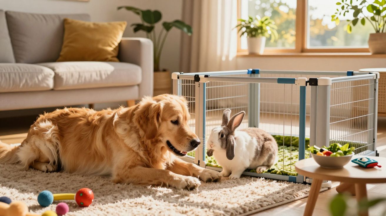 Cão dourado a olhar para coelho branco e castanho junto a cercado numa sala iluminada e acolhedora.