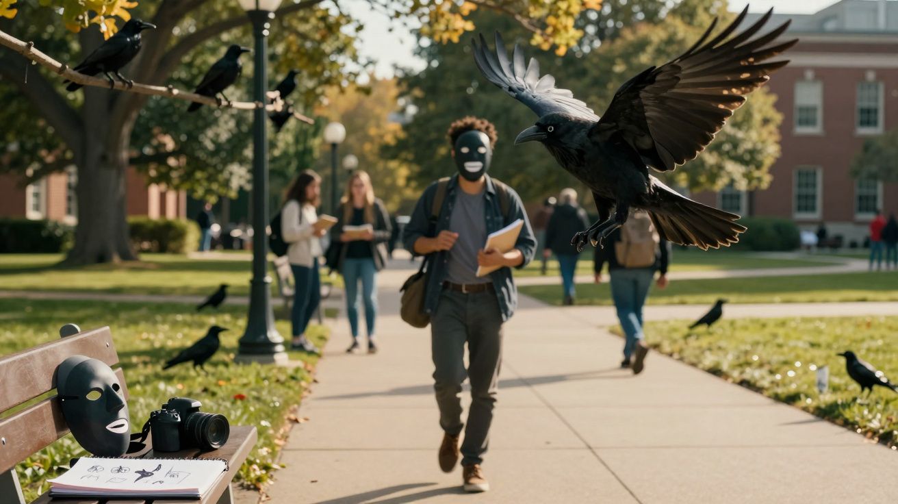 Homem com máscara negra a caminhar num parque, com corvos a voar e pousar nas árvores e bancos.