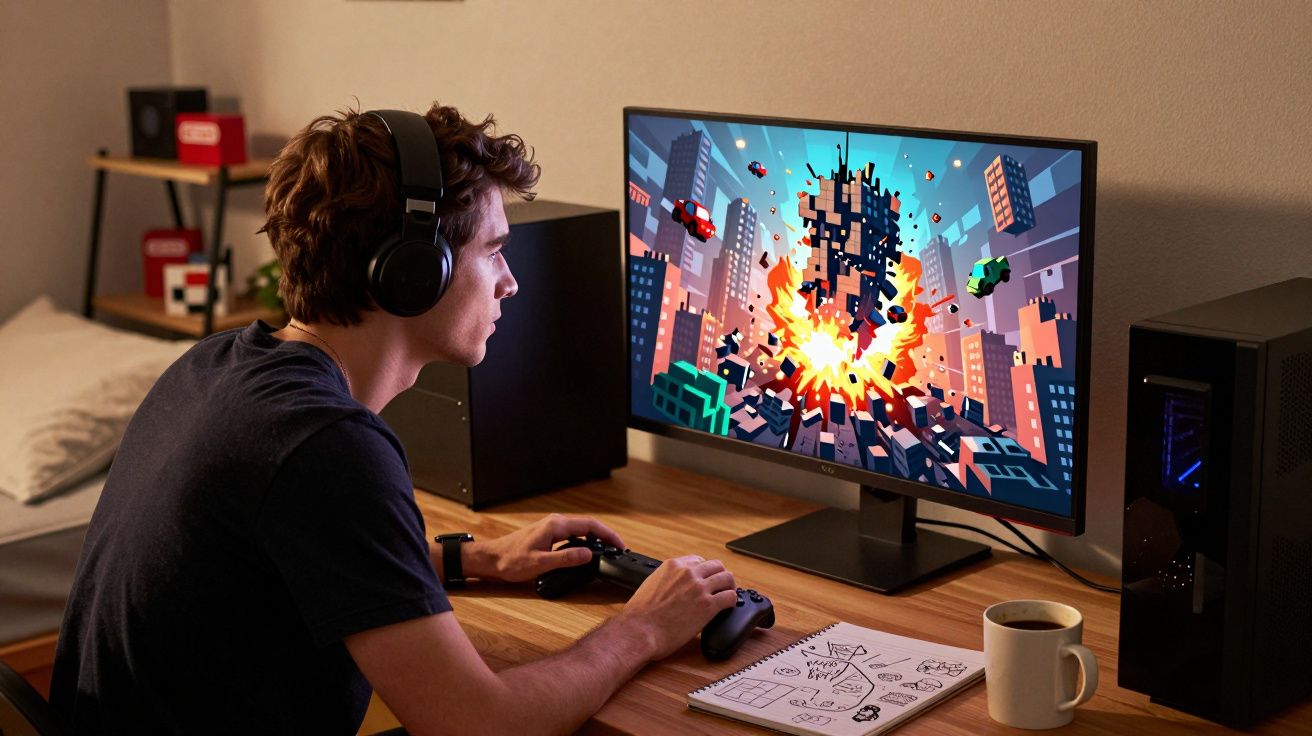 Jovem com auscultadores a jogar videojogo de ação num computador com explosão na cidade mostrada no ecrã.