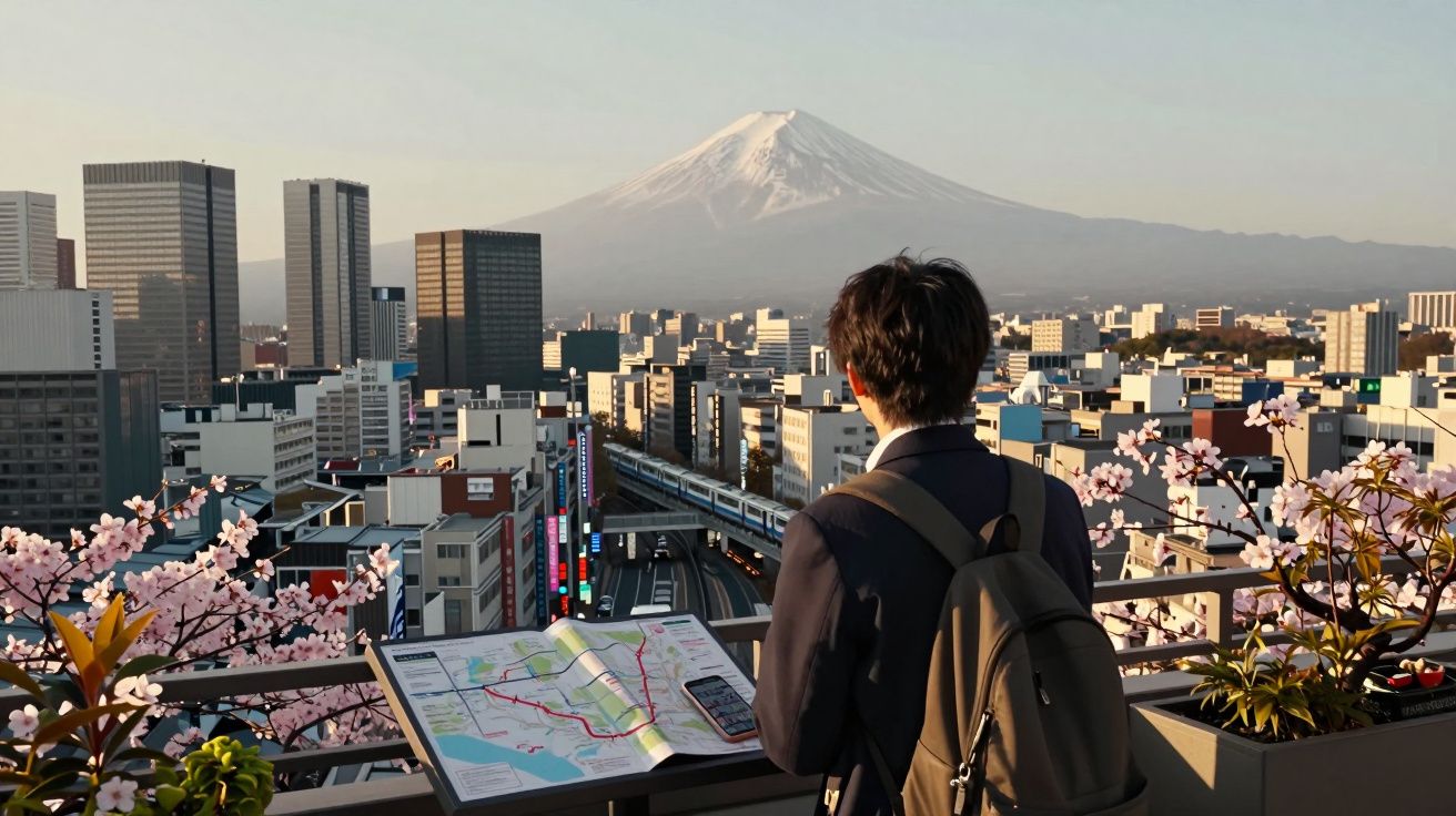 Pessoa com mochila a observar mapa e monte Fuji ao fundo, com edifícios e flores de cerejeira na cidade.