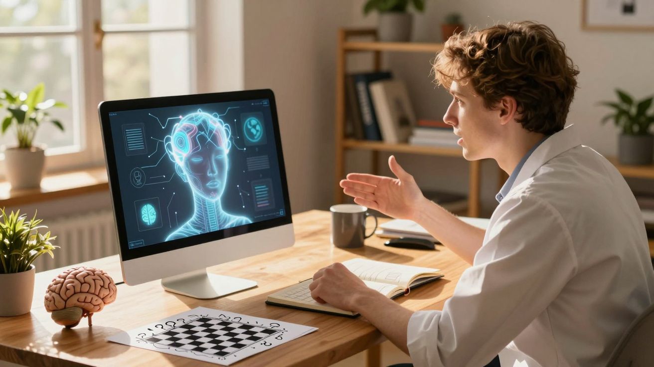 Homem a estudar neurociência com modelo de cérebro e imagens digitais num computador num escritório iluminado.