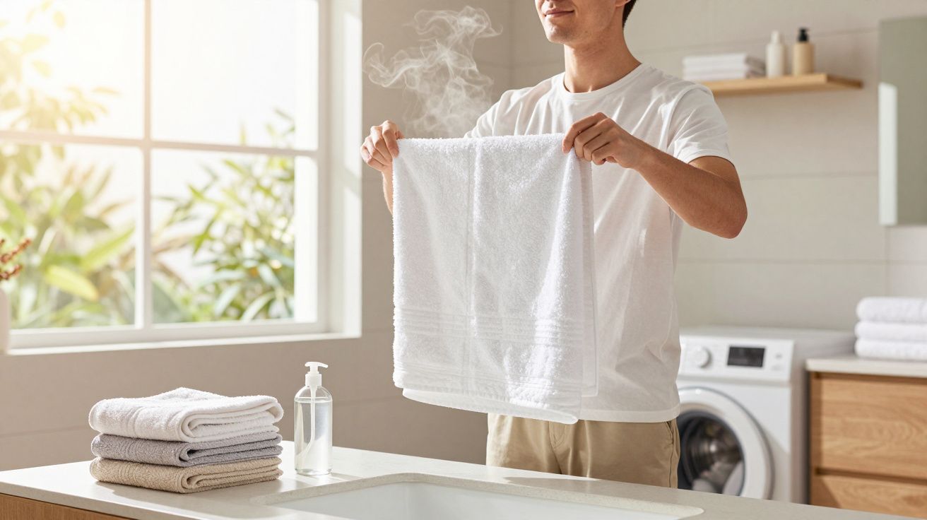 Homem a segurar uma toalha quente e a vapor numa casa de banho moderna iluminada pela luz natural.