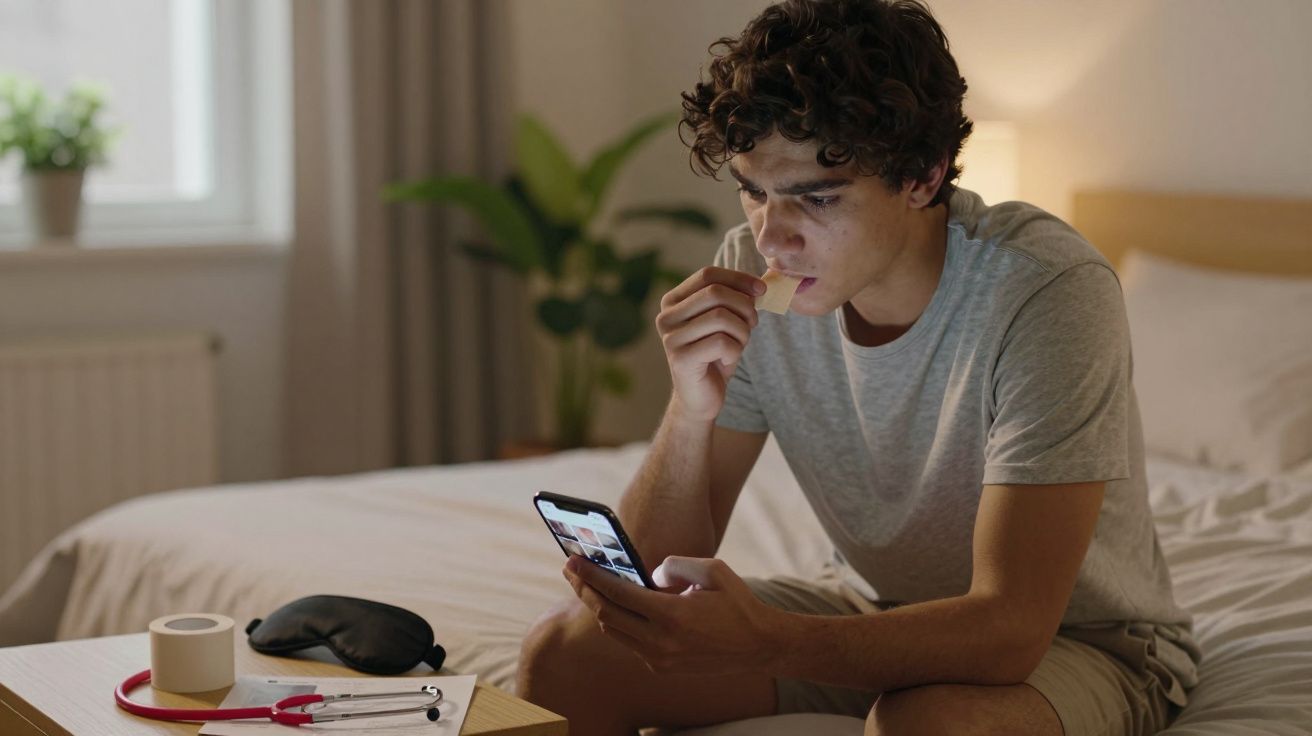 Jovem sentado na cama, segurando um adesivo e olhando para o telemóvel num quarto iluminado.