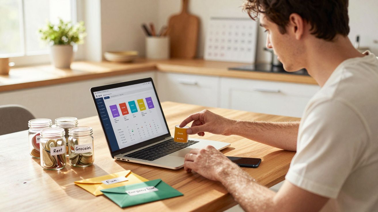 Homem a gerir orçamento doméstico com moedas, envelopes etiquetados e aplicação financeira num portátil.