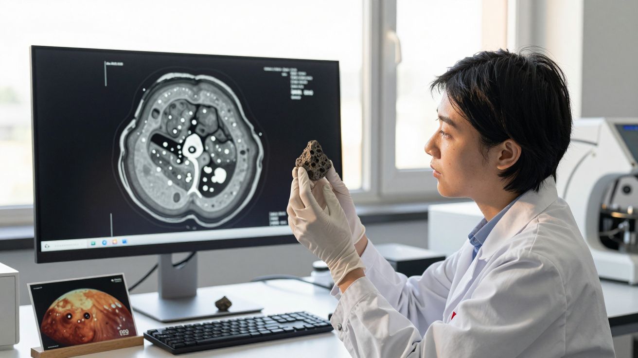 Cientista em bata branca examina amostra de rocha com imagem de scanner 3D no monitor ao fundo.