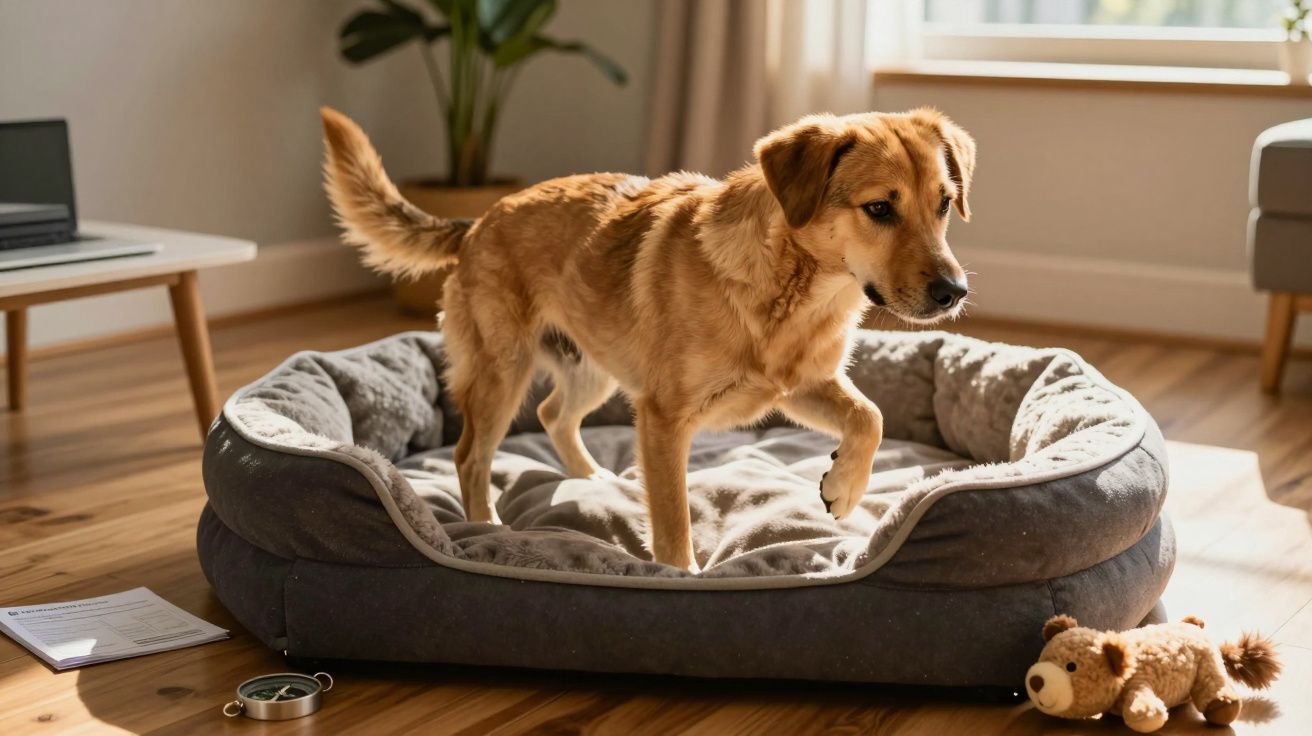 Cão castanho a levantar a pata dentro de cama cinza para cães numa sala iluminada pelo sol.