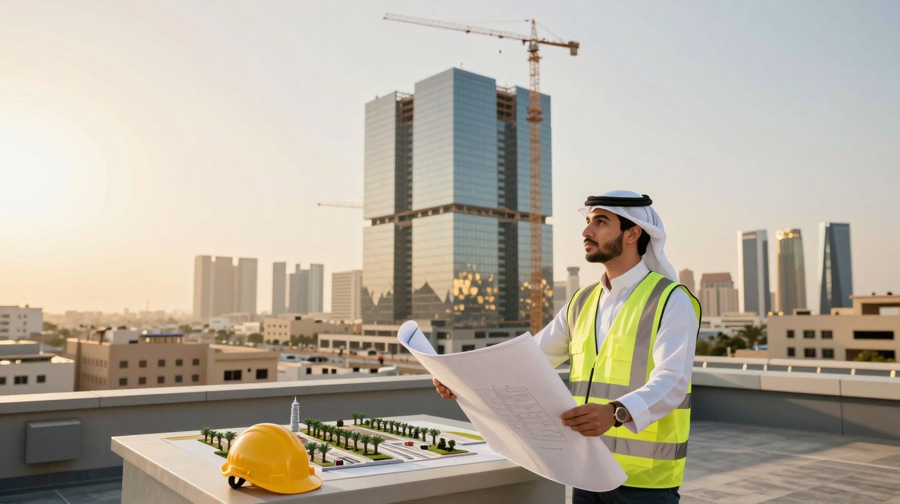 Engenheiro árabe com colete refletor analisa planta num edifício com área de construção e cidade ao fundo.