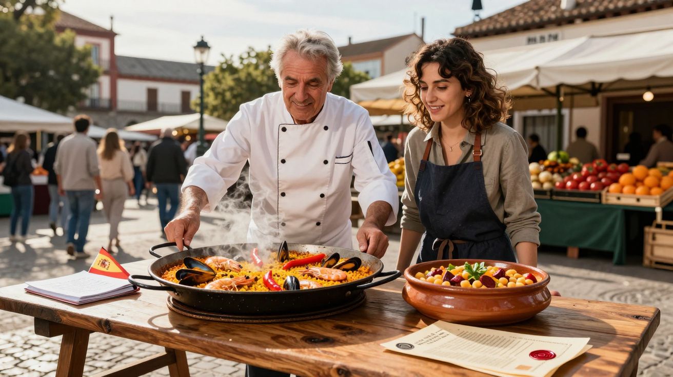 Chef e ajudante preparam paelha e confecionam pratos num mercado ao ar livre em dia ensolarado.