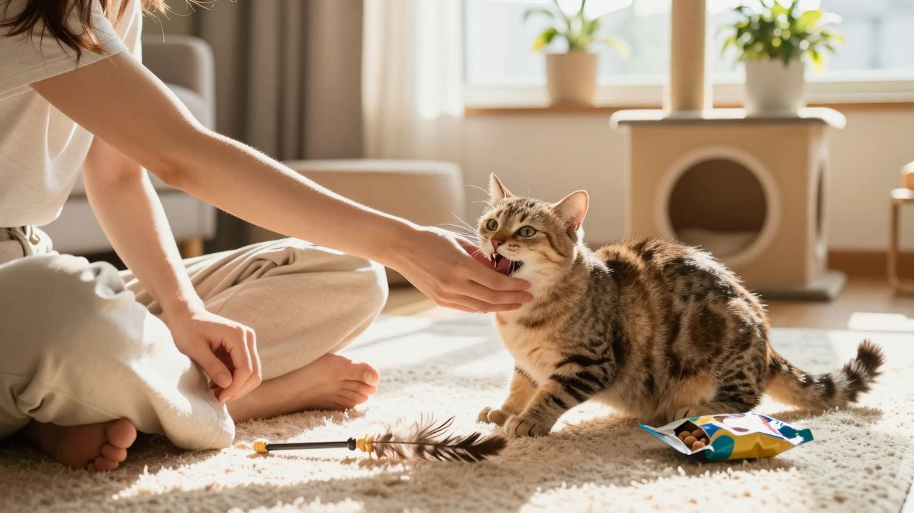 Pessoa a brincar e a dar carinho a um gato num tapete iluminado por luz natural.