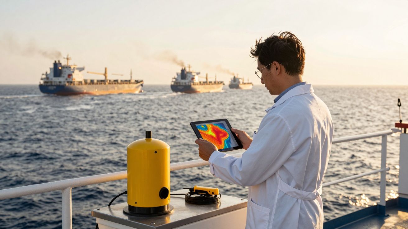 Homem com bata branca analisa dados num tablet a bordo de navio, com vários cargueiros no mar ao fundo.