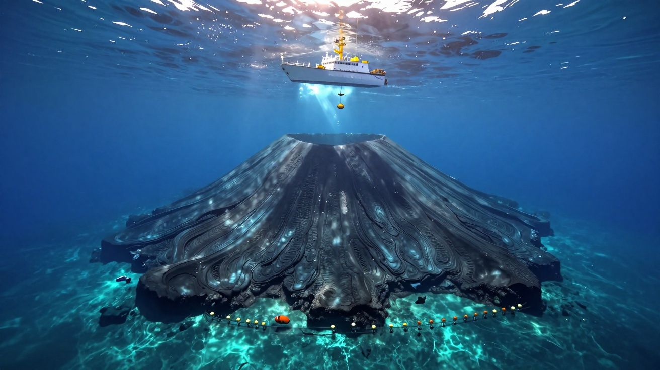 Navio de pesquisa oceanográfica suspenso sobre um vulcão submarino em erupção iluminado.