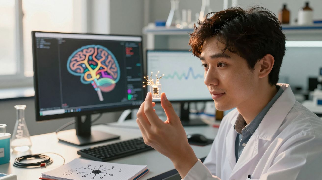Cientista com bata branca observa microchip com circuitos, com cérebro e gráficos em monitores ao fundo.