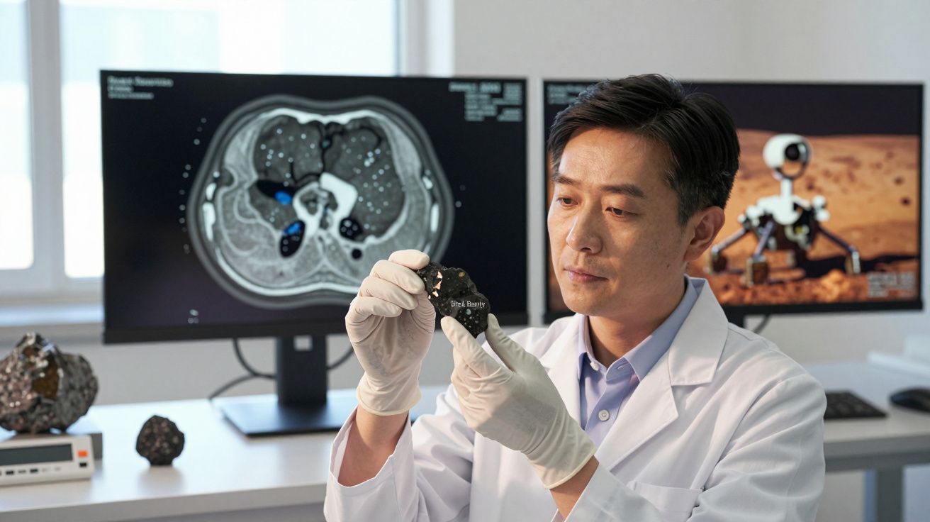 Cientista com bata branca analisa fragmento de meteorito em laboratório com computadores ao fundo.