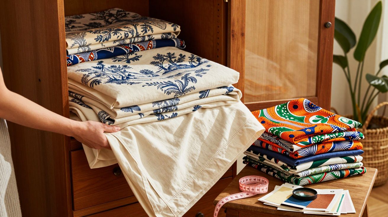 Mãos organizam tecidos estampados dobrados em estante de madeira, com fita métrica e amostras à direita.