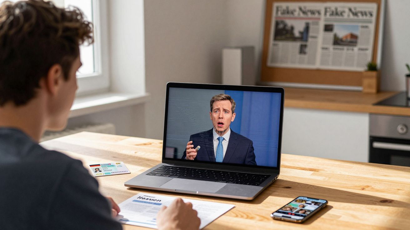 Pessoa a assistir a notícia em direto num computador portátil, com um telemóvel e documentos sobre a mesa.