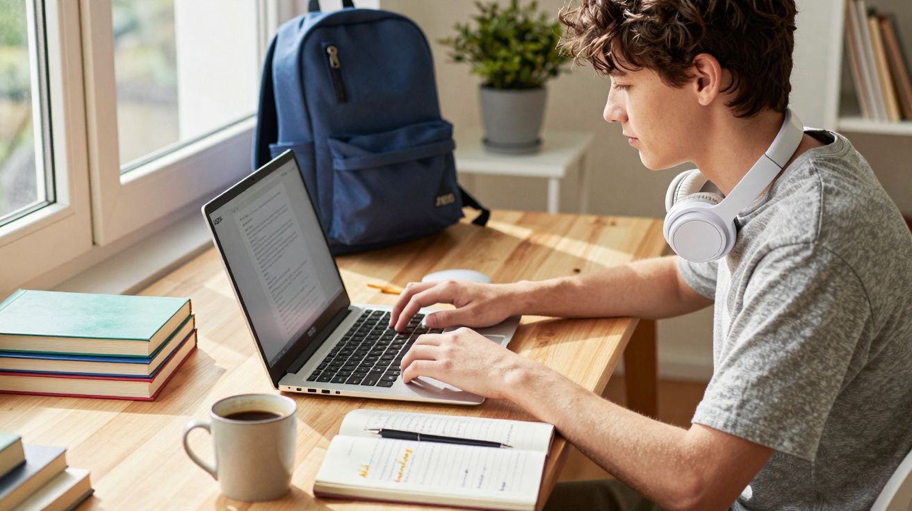 Jovem com auscultadores brancos a trabalhar num portátil numa secretária com livros e café numa sala iluminada.