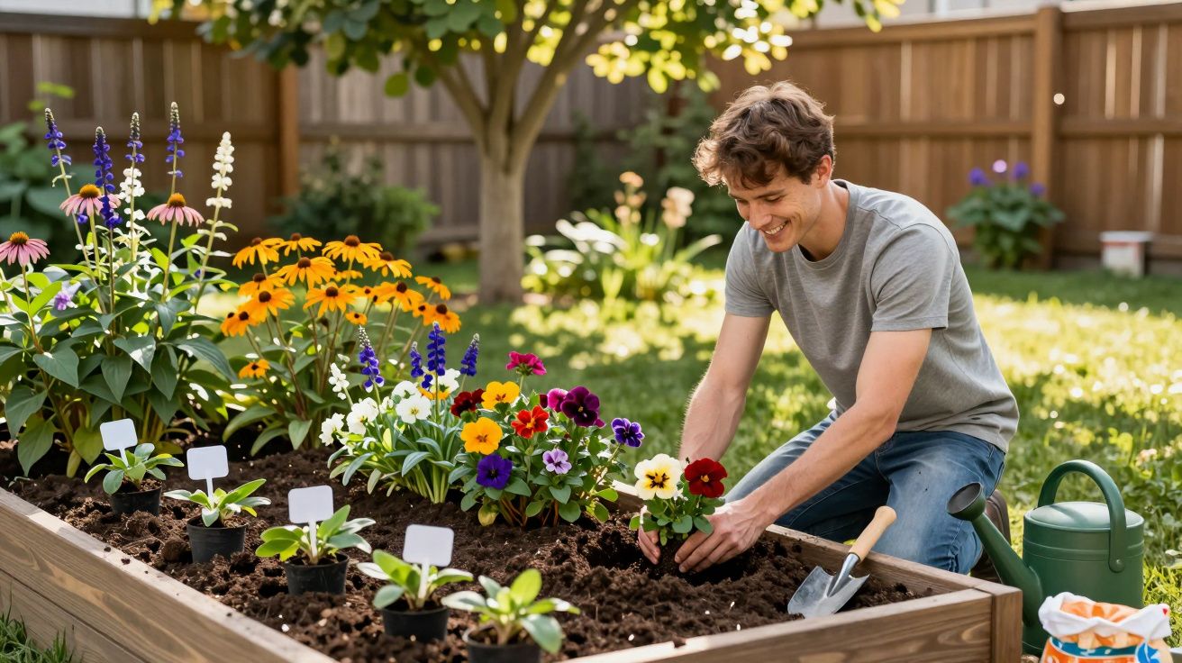 Homem jovem a plantar flores coloridas numa horta elevada num jardim ensolarado.
