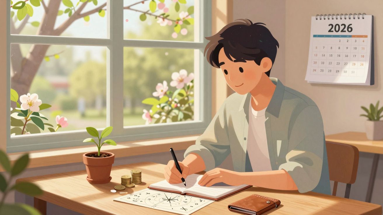 Jovem a fazer anotações num caderno junto a uma janela com plantas e calendário de 2026 na parede.