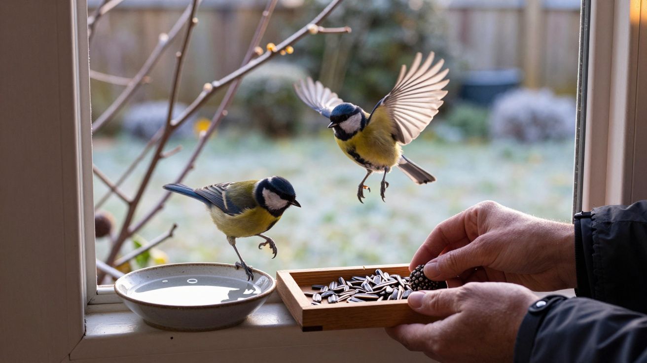 Duas aves pequenas e coloridas perto de uma janela, com uma mão humana a oferecer sementes num tabuleiro.