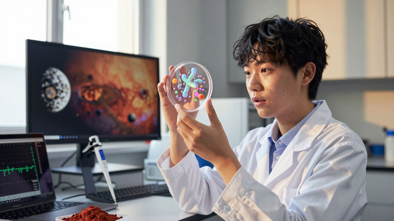 Cientista em bata branca examina cultura celular colorida em placa de Petri num laboratório moderno.