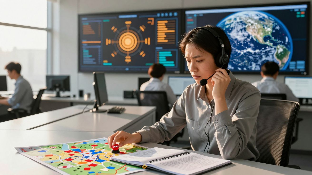Pessoa com auriculares a analisar mapas e dados num centro de comando com ecrãs digitais ao fundo.