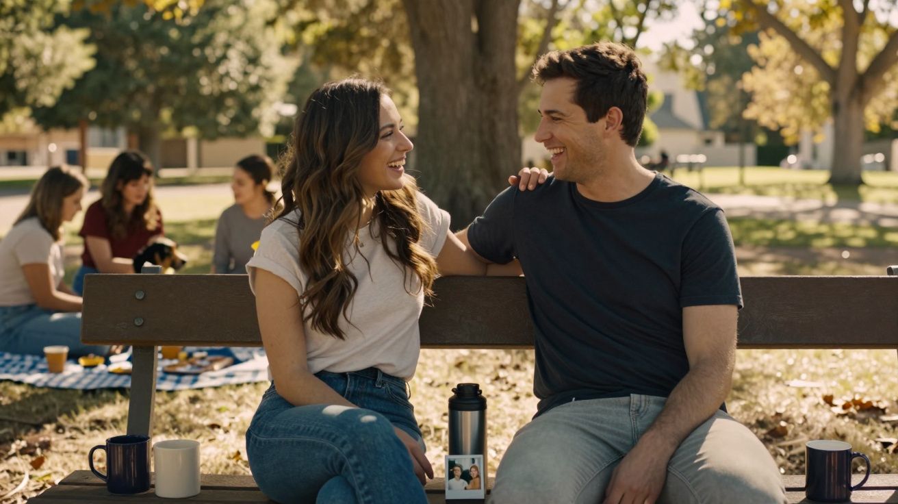 Casal jovem sentado num banco de parque, sorrindo e conversando num dia soalheiro de outono.