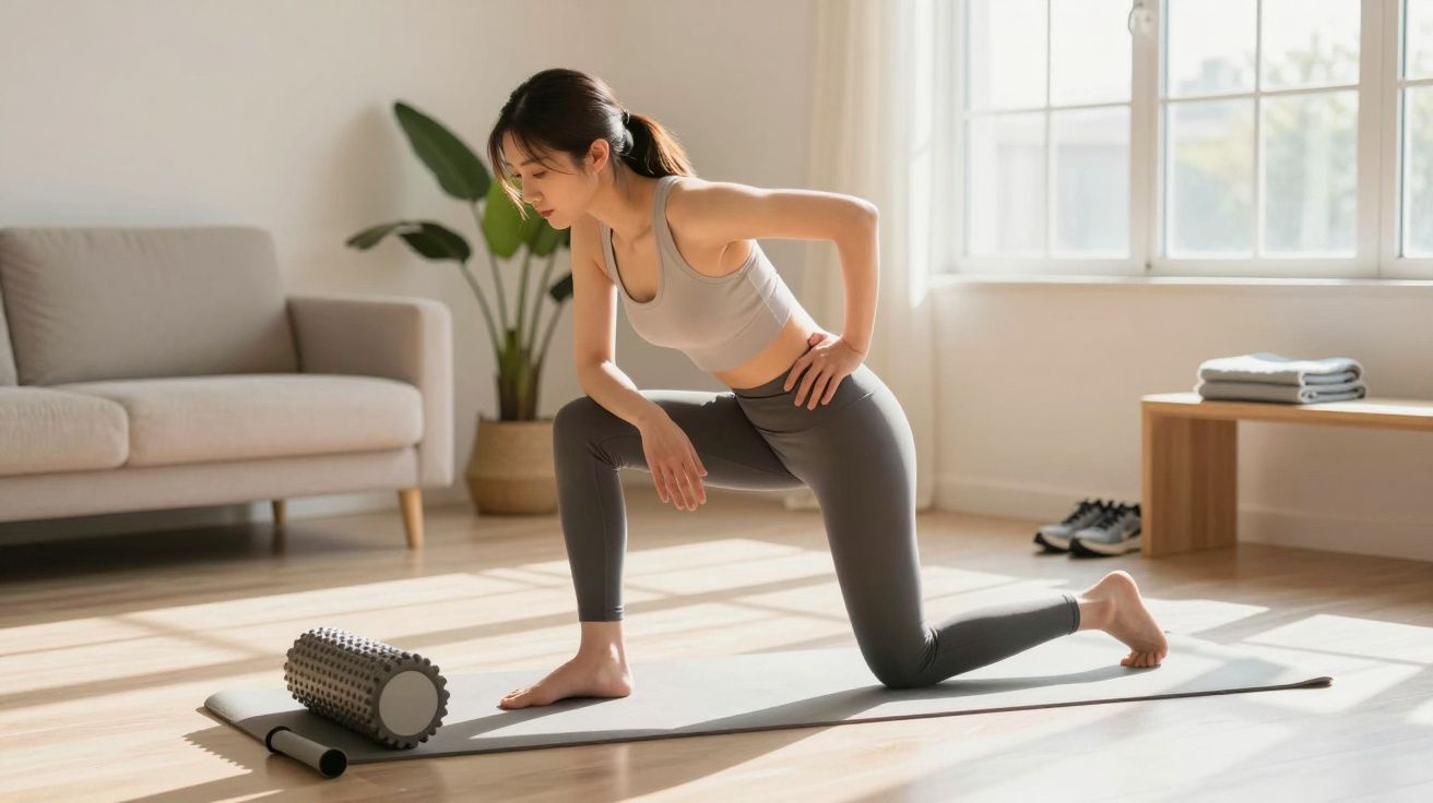 Mulher a alongar-se com joelho no tapete de yoga, perto de rolo de espuma, em sala iluminada.