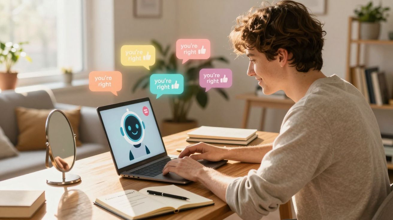 Jovem sentado a interagir com um chatbot num computador portátil numa sala iluminada e acolhedora.