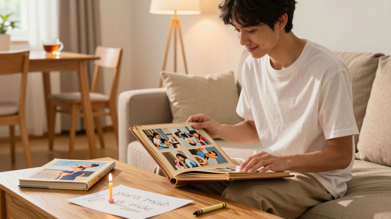 Jovem sentado no sofá a ver álbum de fotografias com mesa e cartão de "para mãe" à frente.