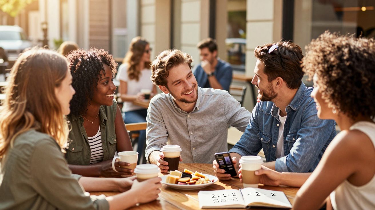 Grupo de cinco amigos a conversar e beber café numa esplanada ao ar livre durante o dia.