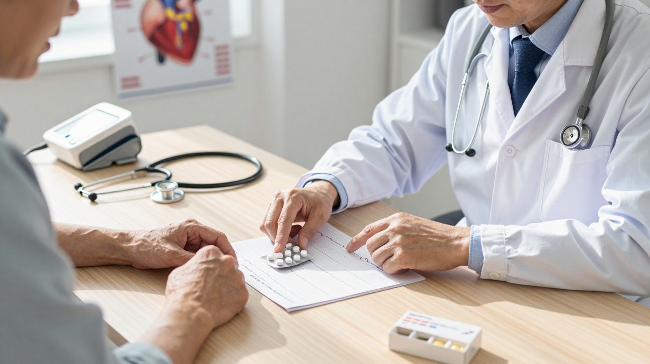Médico explica medicação a paciente idoso durante consulta num consultório com material médico na mesa.