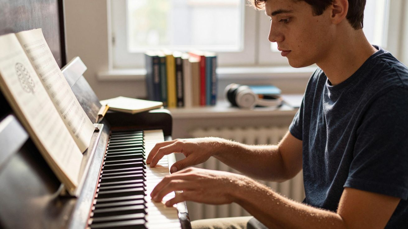 Jovem a tocar piano acústico com partitura aberta num ambiente iluminado por janela.
