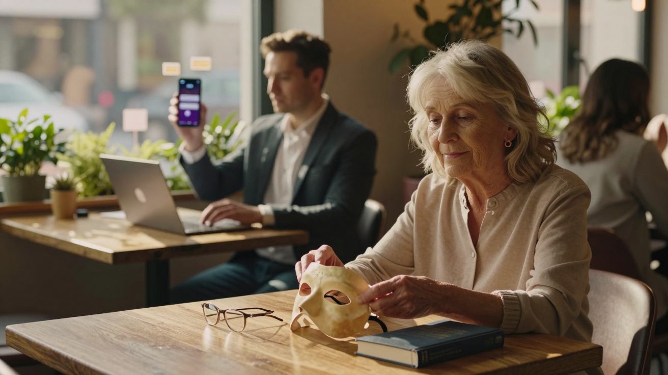 Senhora idosa numa mesa de café a segurar uma máscara dourada, com homem ao fundo a usar portátil e telemóvel.