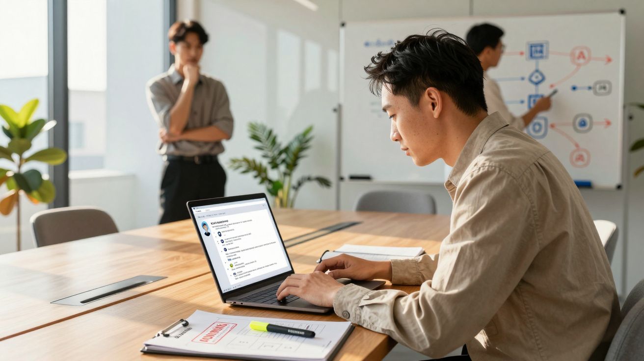 Homem a trabalhar num portátil numa sala de reunião com duas pessoas em segundo plano e quadro branco.