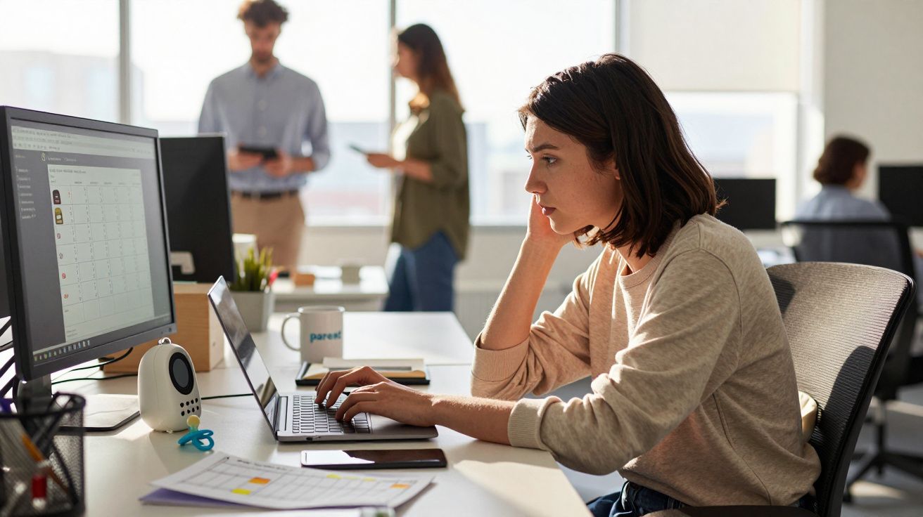 Mulher concentrada a trabalhar num escritório moderno com colegas ao fundo.