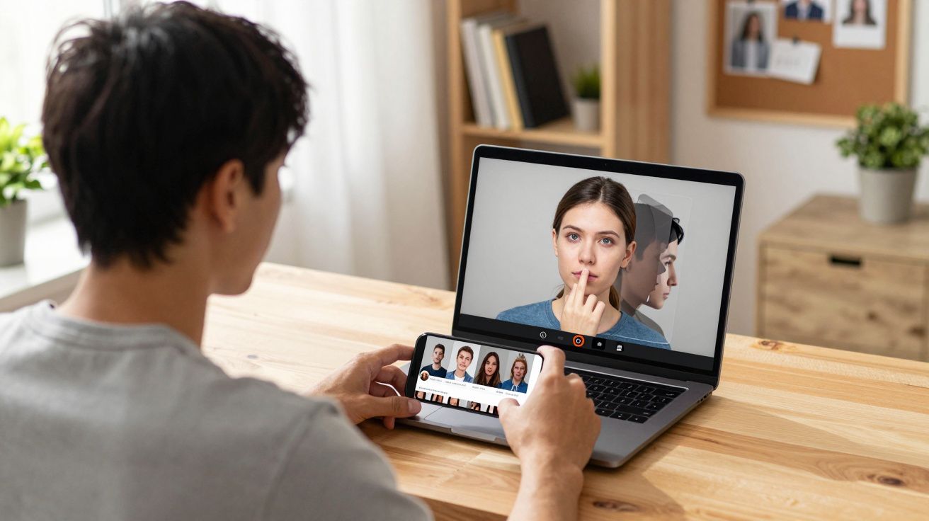 Pessoa a escolher foto de perfil num portátil e smartphone numa mesa de madeira clara.