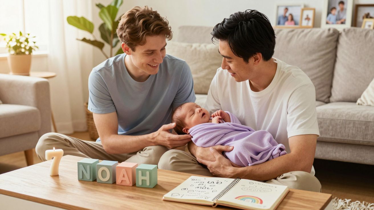 Casal sorridente segura bebé enrolado em manta lilás, com blocos que soletram "Noah" e vela de aniversário 7 na mesa.