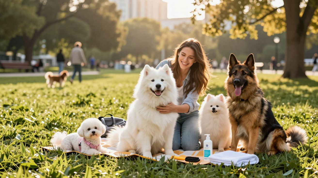 Mulher sorridente sentada na relva com quatro cães de diferentes raças num parque ensolarado.