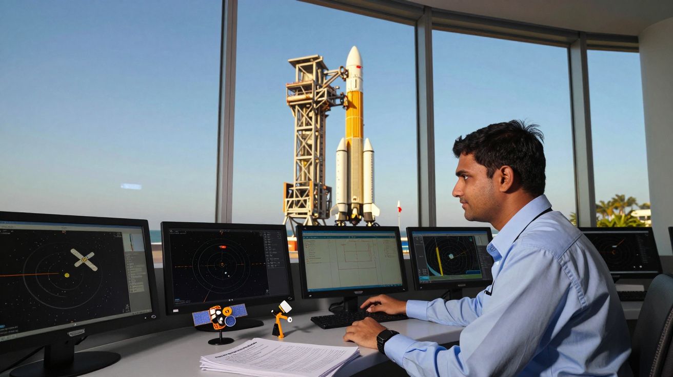 Homem a monitorizar dados em vários ecrãs num centro de controlo com um foguetão visível através da janela.