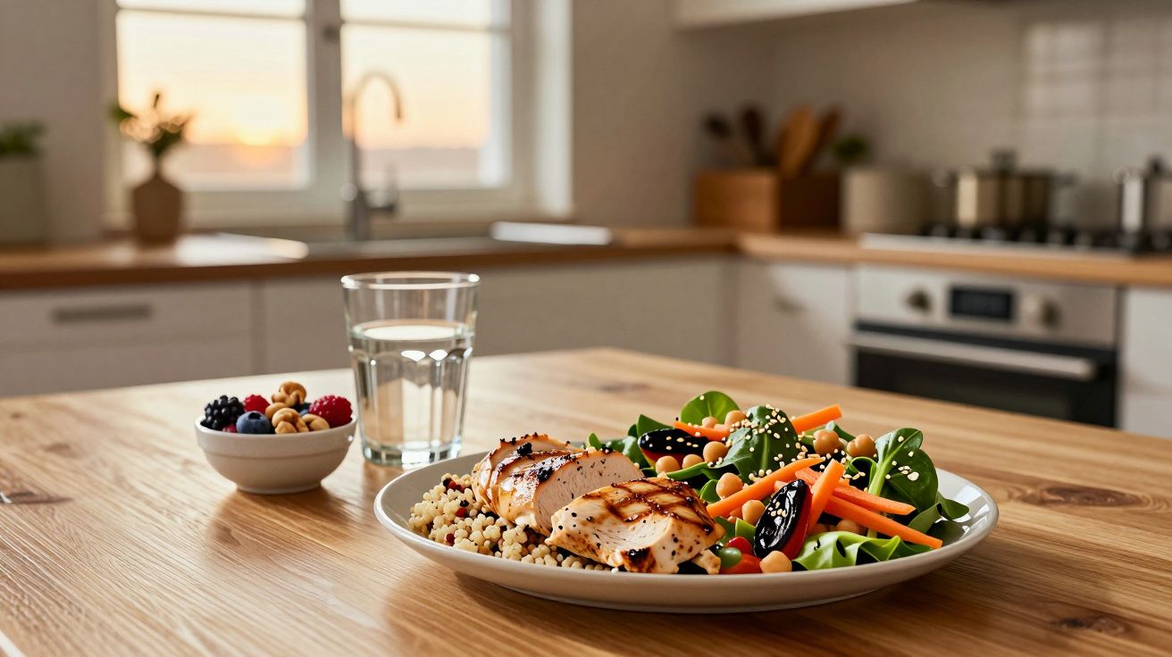 Prato com frango grelhado, salada e couscous, um copo de água e taça com frutas numa cozinha luminosa.