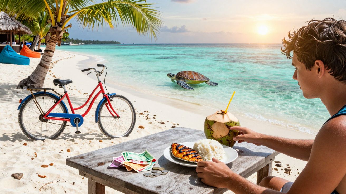 Homem numa praia tropical a comer arroz com peixe grelhado, com bicicleta vermelha e tartaruga marinha na água.
