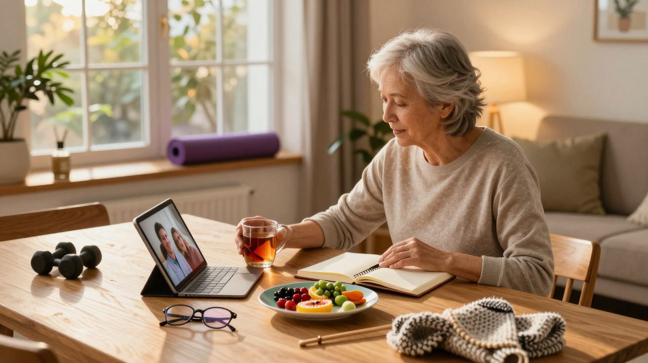 Mulher idosa faz videochamada enquanto toma chá e escreve num caderno à mesa com fruta e pesinhos.