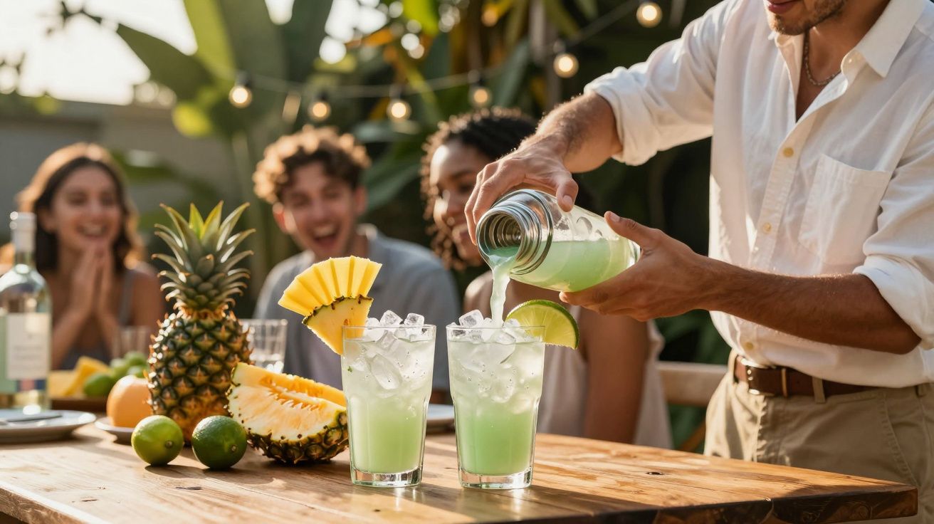 Pessoa a servir cocktail verde com gelo numa festa ao ar livre, com amigos e abacaxis na mesa.