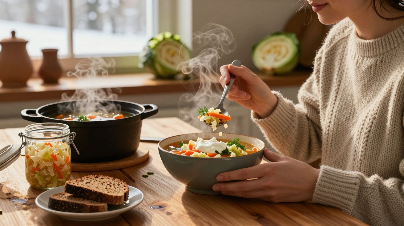 Mulher a comer sopa quente com legumes, pão integral e legumes em frasco sobre mesa de madeira.