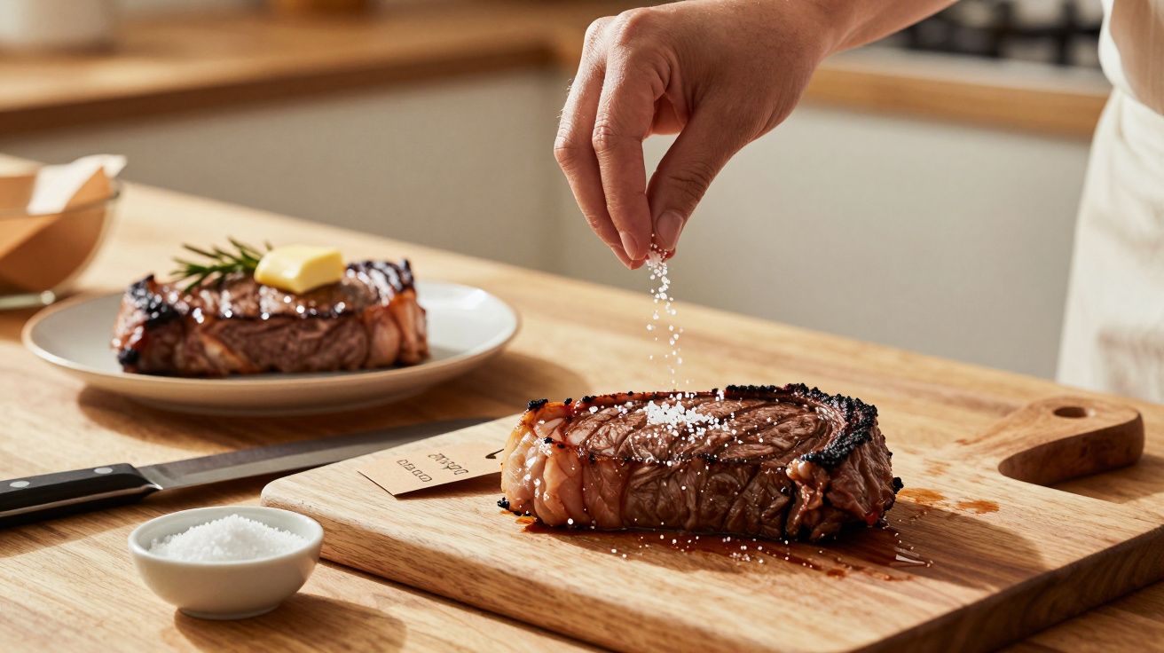 Mão a temperar com sal bife grelhado em tábua de madeira, com outro bife num prato ao fundo.
