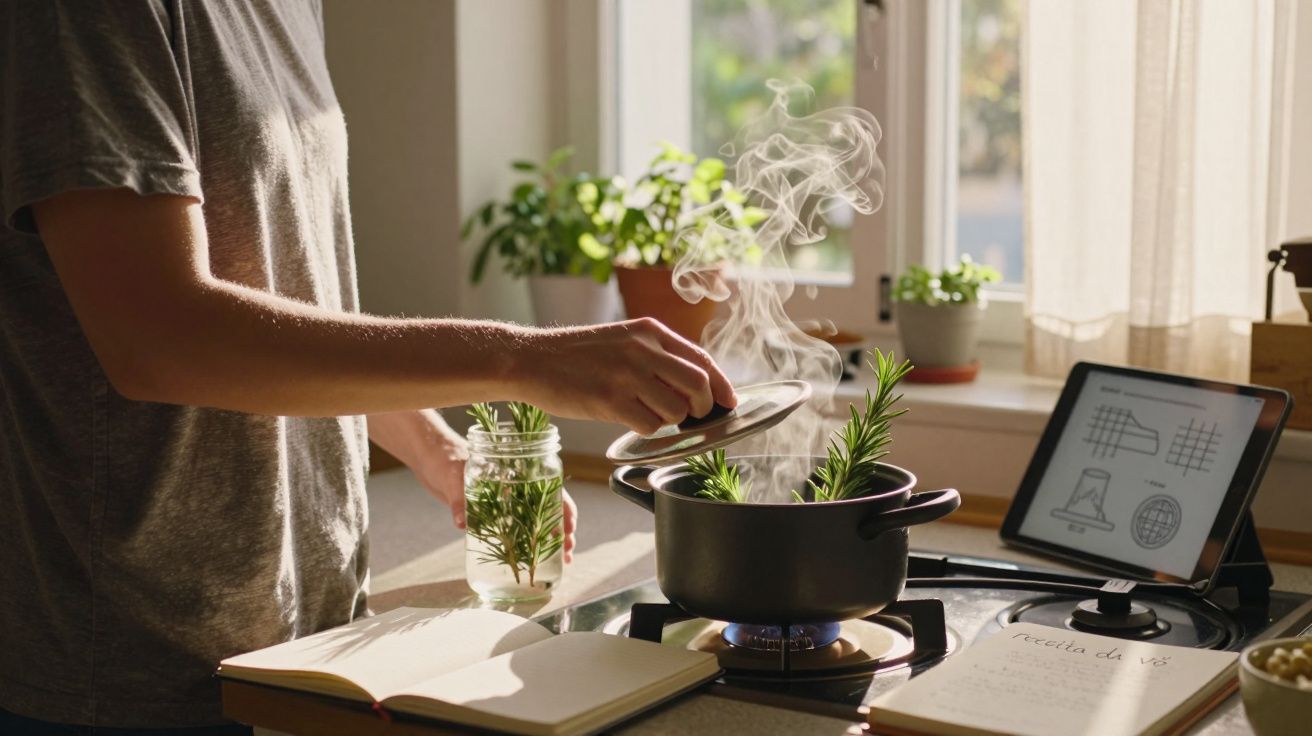 Pessoa a cozinhar com ervas aromáticas num fogão de cozinha com vapor a sair da panela.