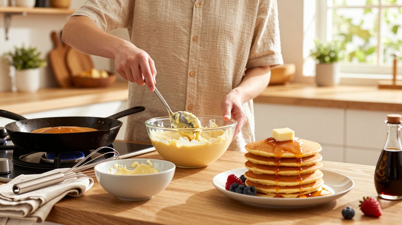 Pessoa a preparar massa para panquecas numa cozinha com pilha de panquecas e frutas na bancada.