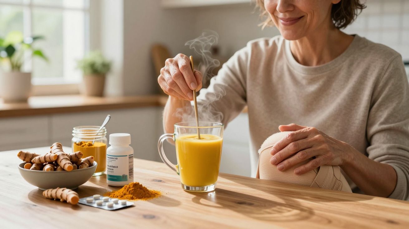 Mulher a mexer bebida quente amarela com raiz, pó e comprimidos de cúrcuma numa mesa de madeira.